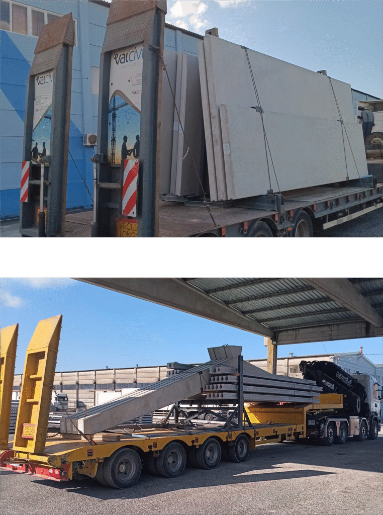 Camiões com painéis e elementos estruturais pré-fabricados de betão prontos para transporte.
